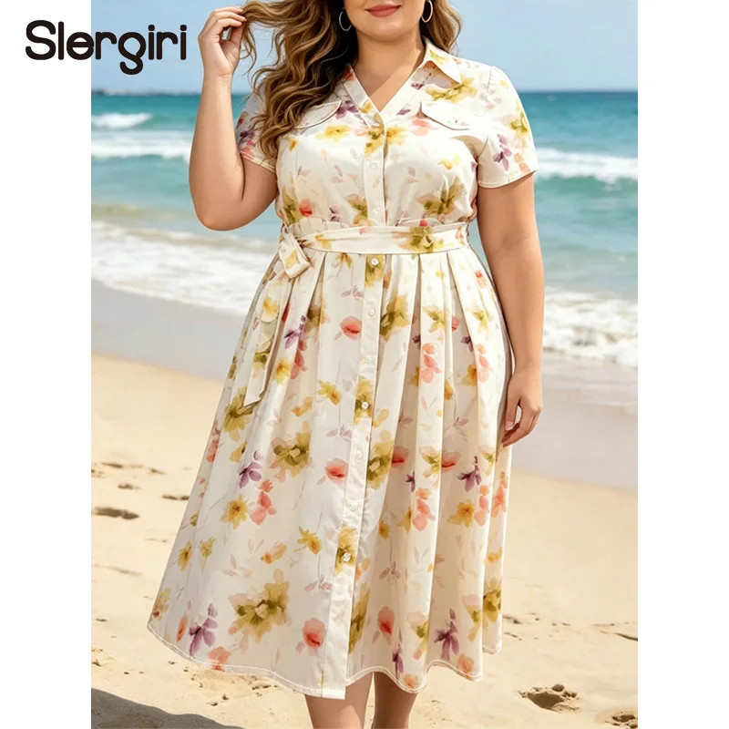 Slergiri Plus Size Floral Print Short Sleeved Shirt Dress with Belt Summer Women Vacation Style Casual A-line Long Dresses 2026