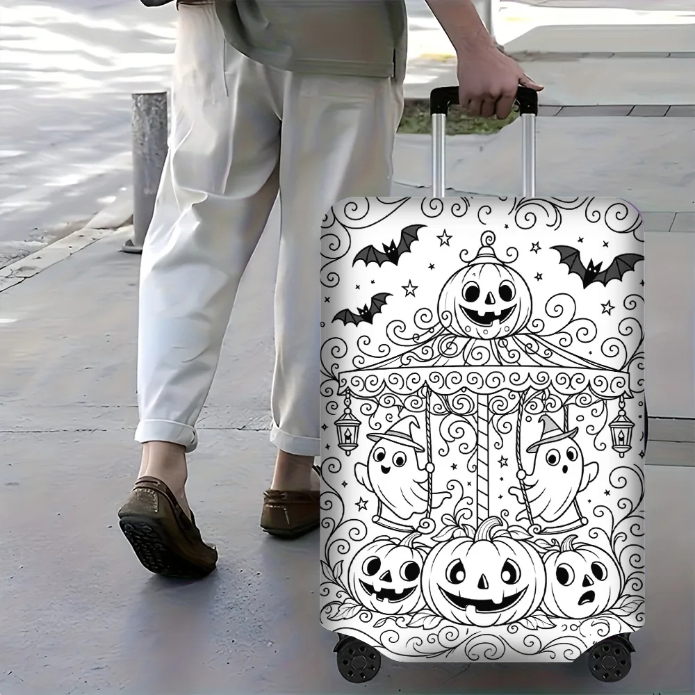 1PC Halloween Ghost and Pumpkin Print Luggage Cover with manual doodle colors. Fits luggage from 18-32 inches; dust and elastic