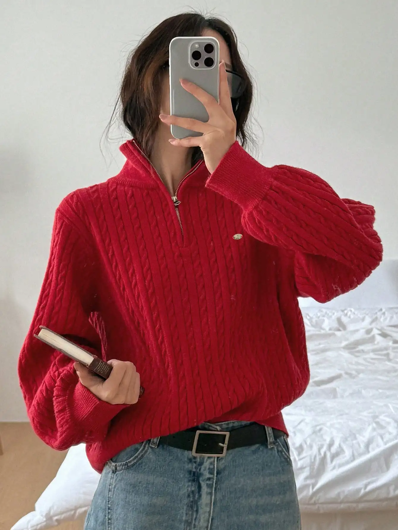 

Red Cable Knit Half-Zip Sweater with Puffed Sleeves, Loose Fit for Fall Casual Wear