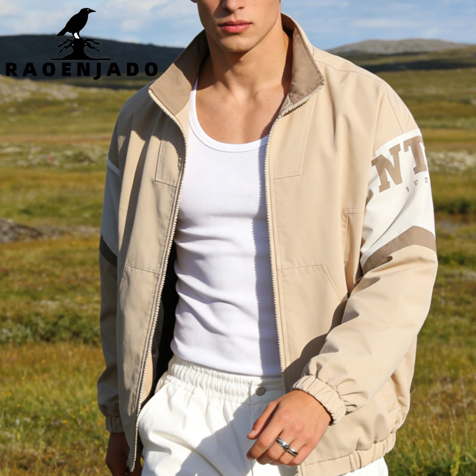 Men's Casual Sports Jacket Outdoor Bomber Coat Full Zipper Colorblock Outerwear with Breathable Mesh Lining and Inner Pocket