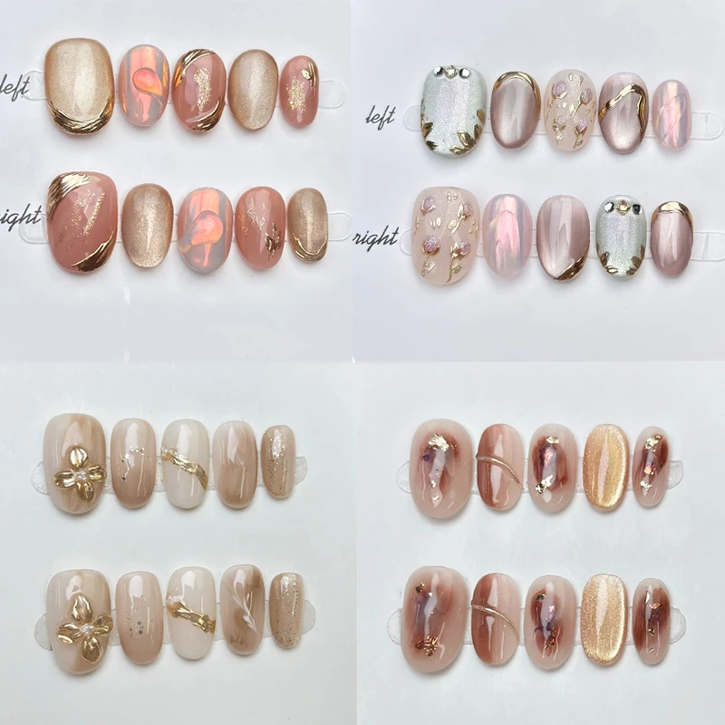 10 stuks handgemaakte pers op nagels Cat Eye ontwerp kunstnagels draagbaar afneembaar stoffig roze glitter elliptisch gevormde nep-nageltips