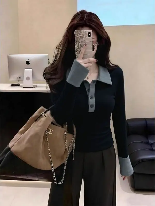 Color Block  Neck Long Sleeve Slim Fit Women's T-shirt Short Style Waist Cinching Spring Autumn Fashion Casual Top