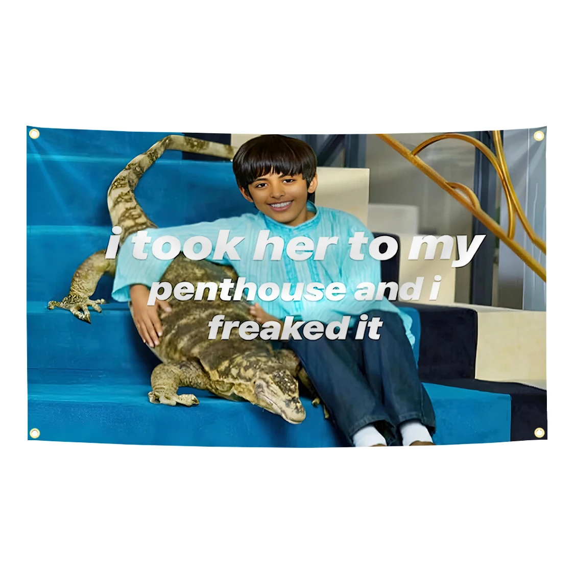 90x150cm The Boy Holding a Crocodile“ I Took Her To My Penthouse And I Freaked It”Funny Flag Art Tapestry Banner Gift
