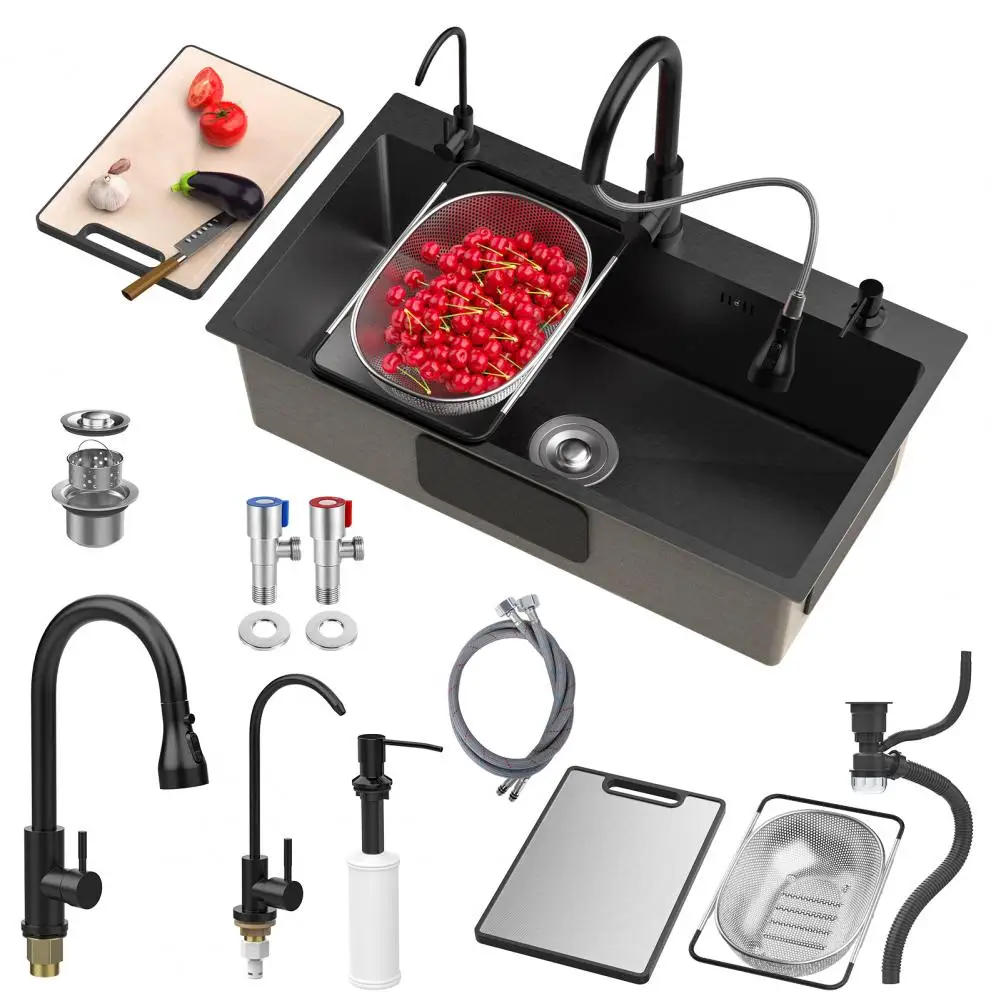 

Кухонная мойка (с краном) Черная кухонная мойка, встраиваемая/наверху устанавливаемая рабочая мойка из нержавеющей стали, мойка с одной чашей