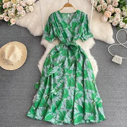YuooMuoo Women Summer Dresses Fashion V-neck High Waist Lace-up Floral Print Bohemian Dress Vacation Beach Long Dress Vestidos