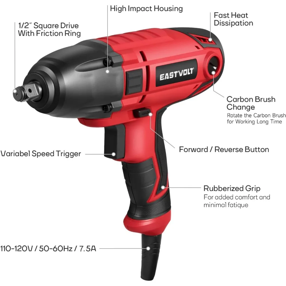 Eastvolt 800W Electric Impact Wrench, Heavy Duty 7.5 Amp Corded Max Torque 450 Ft-lbs 3400 RPM, 1/2 Inch with Hog Ring Anvil