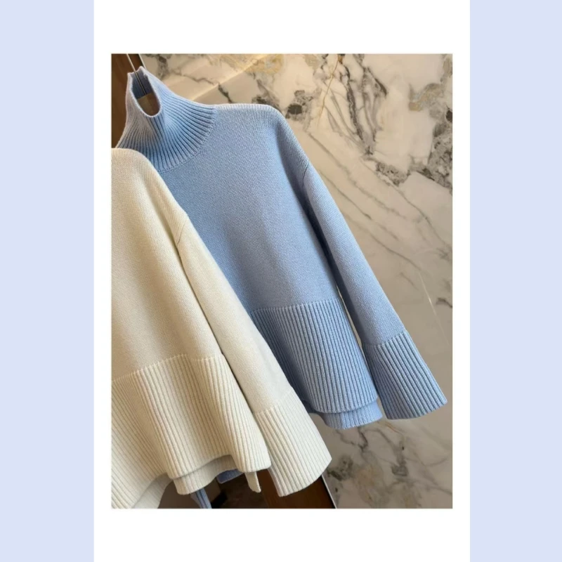 24-jarige TT herfst- en winterzoom split hoge hals kasjmier dames losse lange mouwen voorkant korte achterkant lange gebreide trui