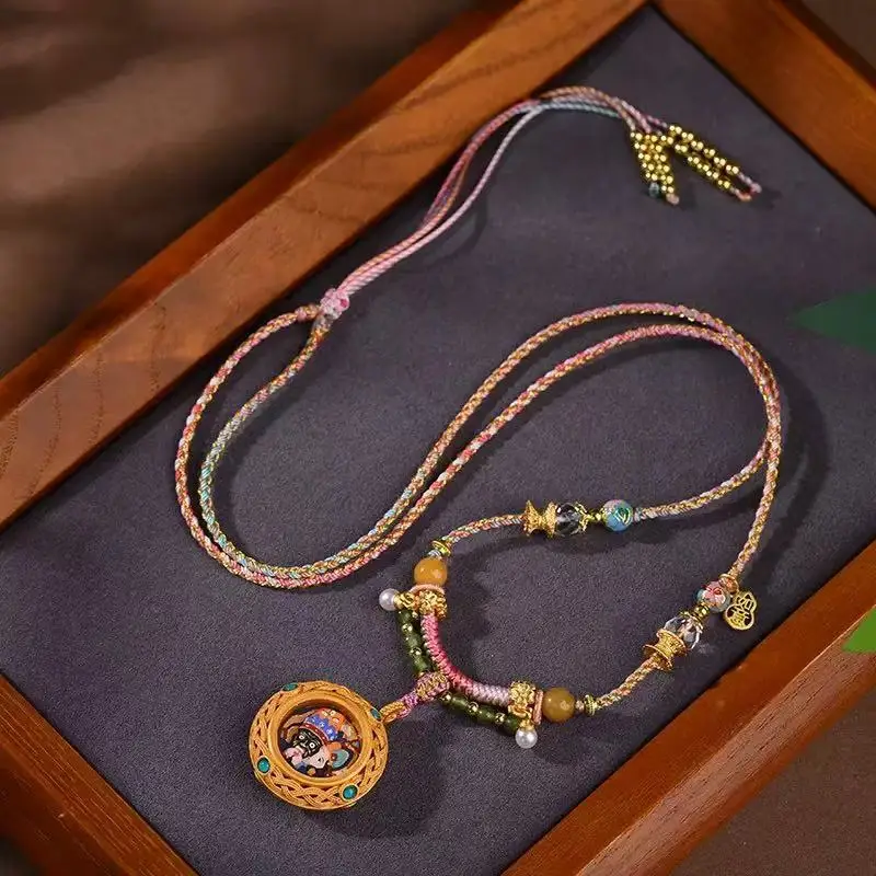 Tibetan Style Pendant Necklace Rope Vintage Ethnic Thangka Zakiram Past and Present Life Cord Boho Chic Neckwear Gifts