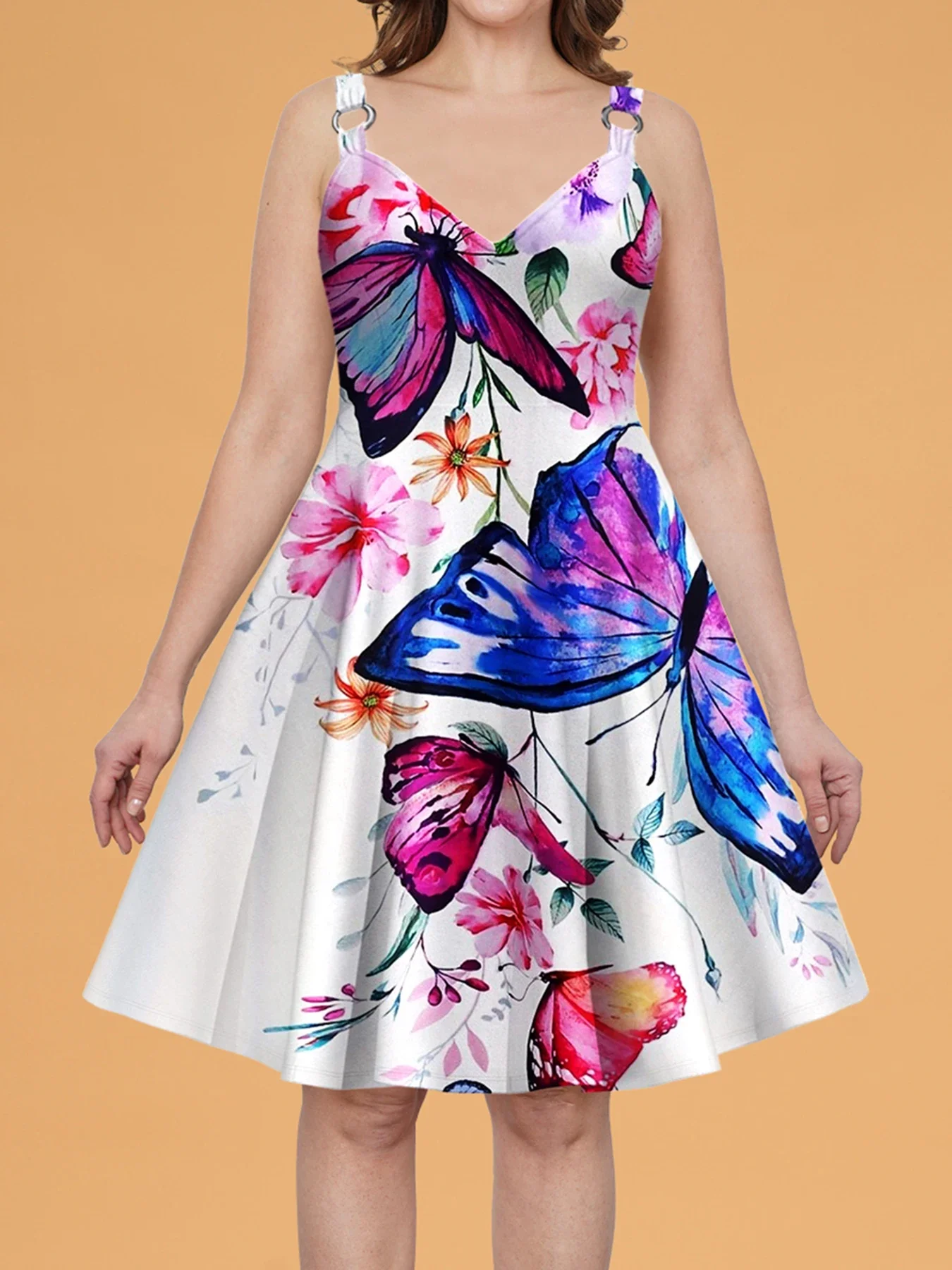 

Women's Tank Dress Butterfly Printing A-Line Pleated Midi Dress Summer Plus Size Casual Elegant Sleeveless V-Neck Vintage Dress
