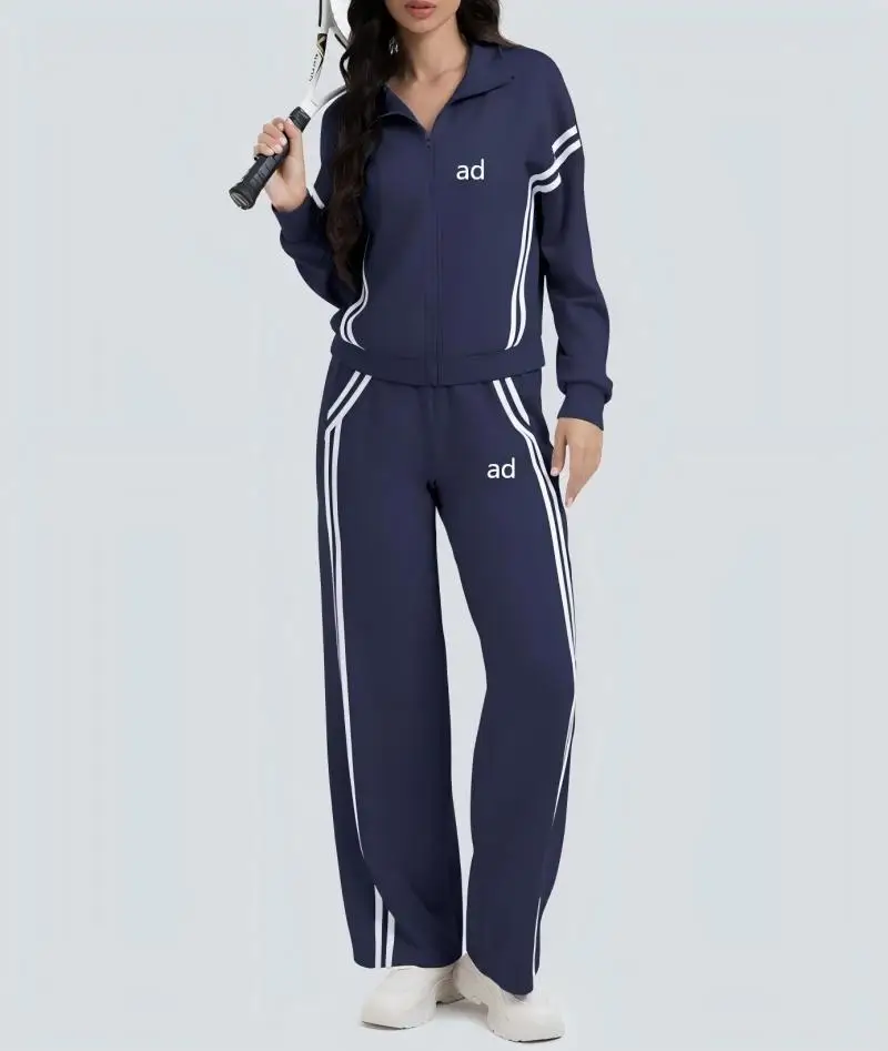 2026 new autumn and winter women's casual zipper sports set, contrasting striped wide leg pants sports two-piece set