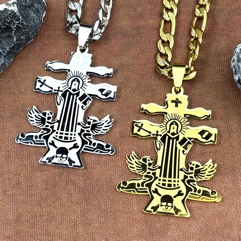 Collar con colgante de Cruz de Caravaca católica, San Benito, para mujeres y hombres, cadena de acero inoxidable con Ángel INRI Hip Hop, regalo de joyería