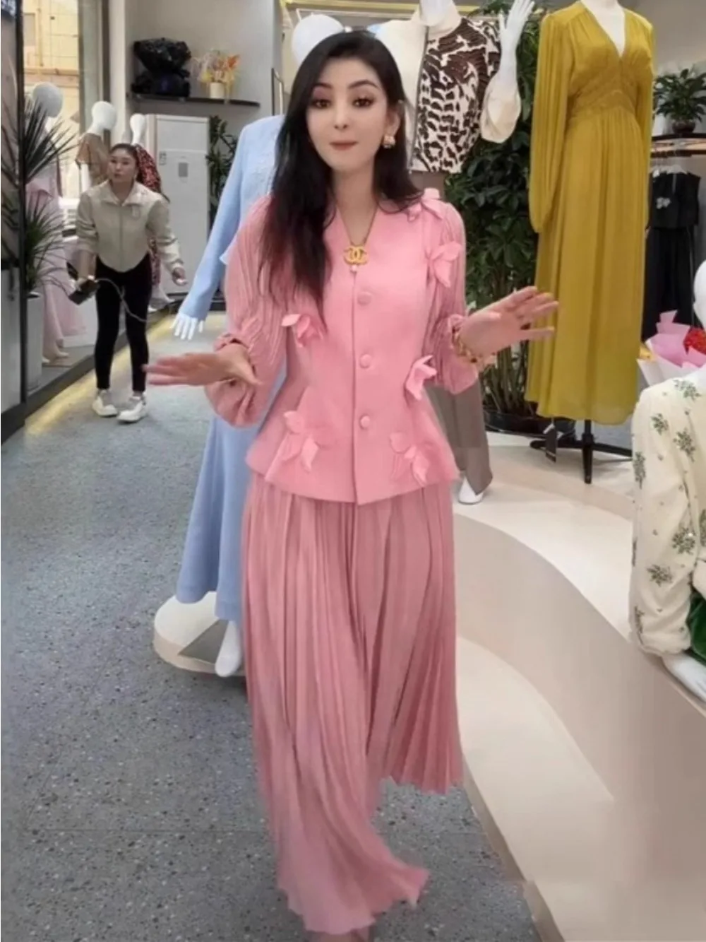 

Two Piece Set Muslim Women Flower Blazer Shirt Pleated Skirt Suits Ramadan Morocco Dubai Abayas Islam Outfits Jalabiya Ensemble