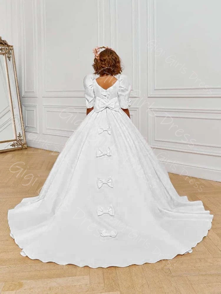 Vestido de comunhão sagrada de cetim rosa com arcos, decote redondo, mangas bufantes, trem de escova, vestido de menina de flor, vestido de festa de casamento personalizado para crianças