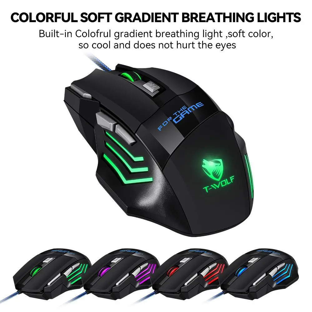 T-WOLF M1 Wired Game Mouse Esports Colorful Glow USB Laptop Desktop Computer Office Esports Gaming Mouse Pc Gamer Completo