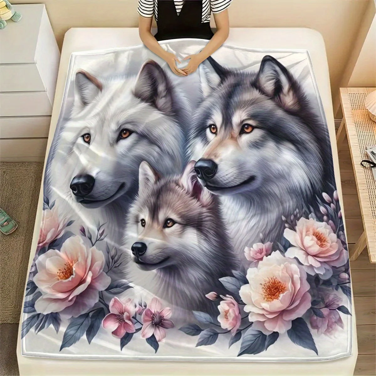 Elegant Wolf Family Portrait Blanket Adult Wolves And Puppy Surrounded By Blooming Peony Flowers Soft Flannel Throw Blanket
