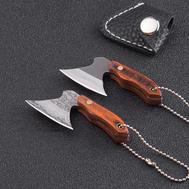 Portable Keychain Ax Knife Pocket Creative Mini Hatchet Knife Stainless Steel EDC Fixed Blade Wood Handle Kitchen Small Knives