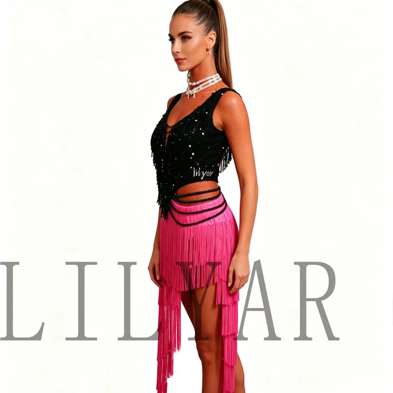 New Latin Dance Tassel Dance Skirt Competition Dress Performance Dress Pearl Jewelry Black Shining Glitter Customized Size view 6