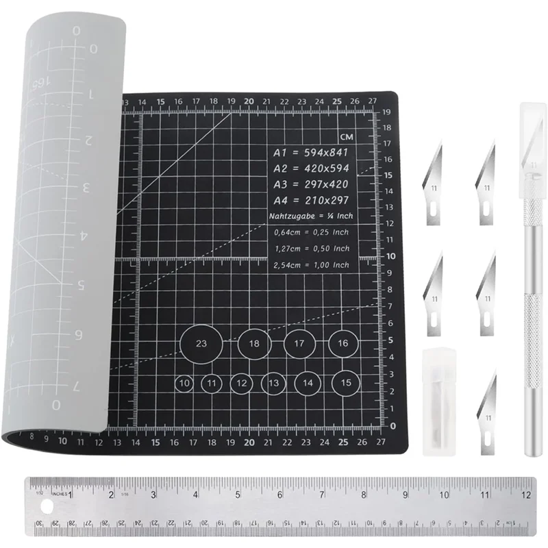 

【NEW-SALE】Carving Craft-Knife With 5 Extra Blades, A4 Self Healing Cutting Mat Cork Ruler 12 Inch/30Cm Dual Scale For DIY For Ar