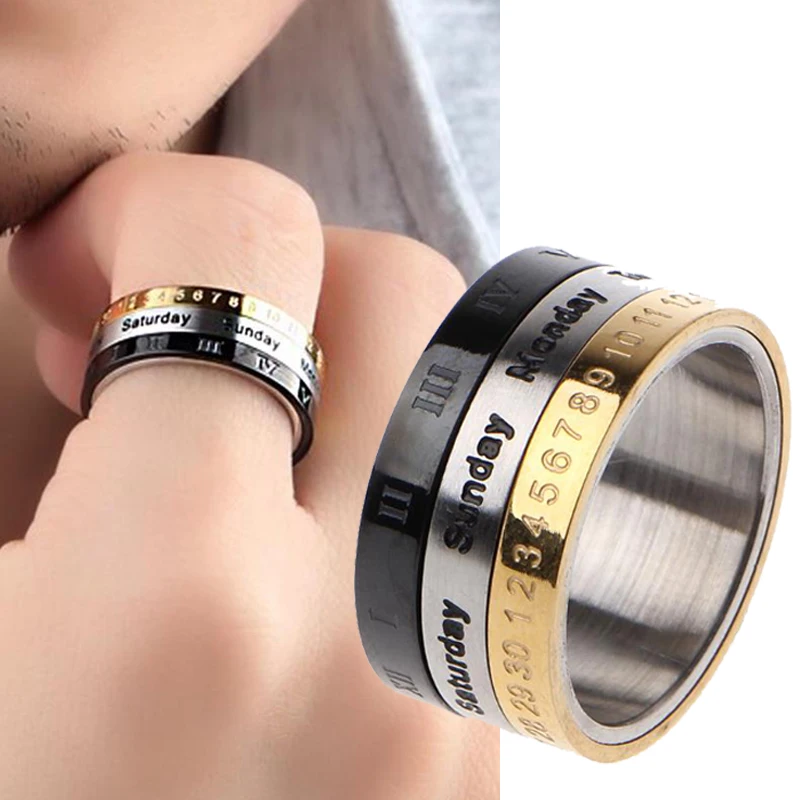 

Titanium steel cool punk spinner wheels rotatable men's date, time calendar creation, part roman numeral ring, men's anxiety fin