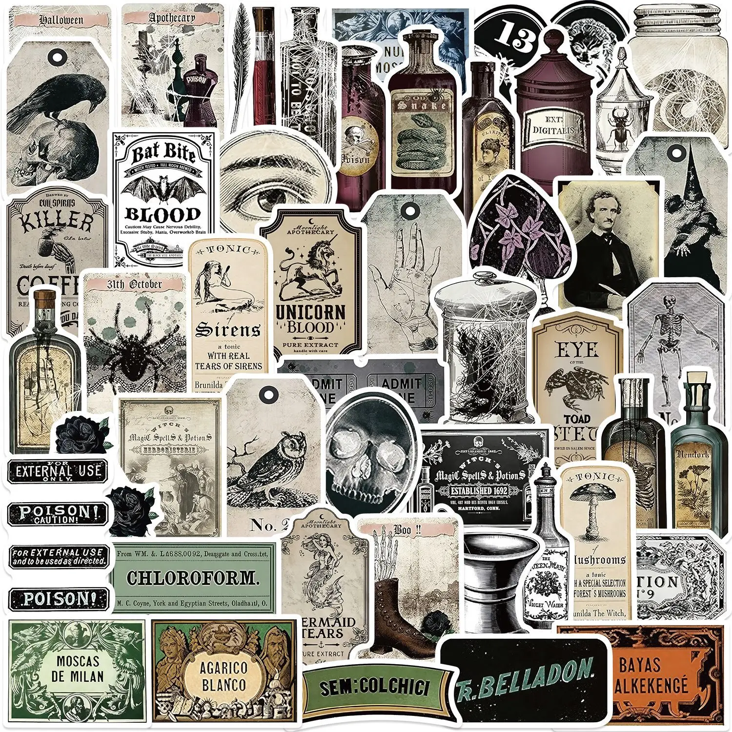 50PCS Vintage Apothecary Witchcraft Potion Label Stickers DIY Phone Laptop Notebook Suitcase Waterproof Sticker Decals
