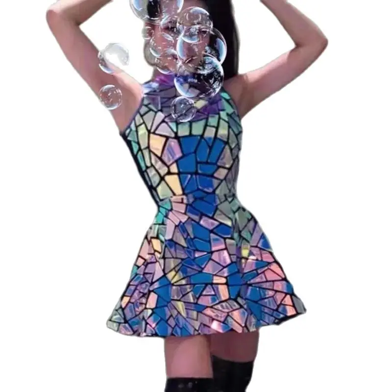 Vestido de noche con espejo láser brillante para mujer, vestido sin mangas para Bar, Dj, Gogo, bailarina, cantante, traje de escenario, traje de noche para cumpleaños