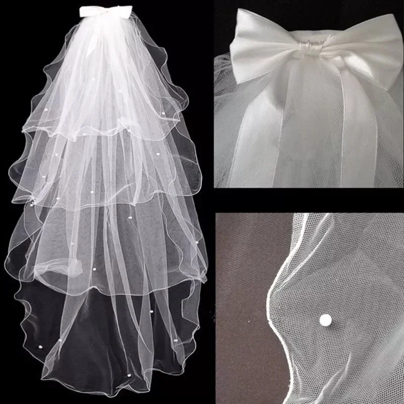 Tulle Wedding Dress Veils White Bowknot Bridal Multi Layer Hair Veil Comb Faux Pearls Bride Fairy Marriage Accessories