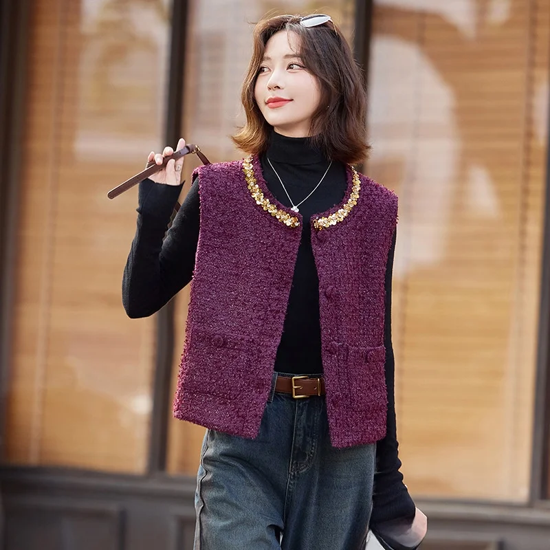 

Женский модный жилет с пайетками, круглый вырез, облегающий топ, короткий, осенний, новинка