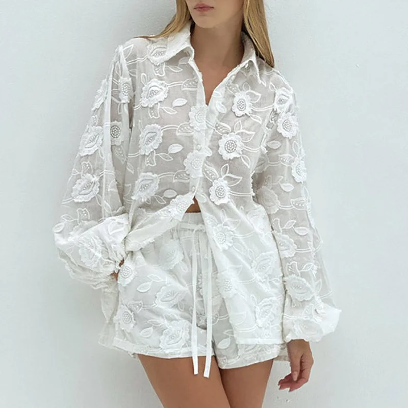 

Casual Lapel Long Sleeve Top Shirt & Shorts Set Spring Solid Loose Commute Women Outfit Sexy Lace Embroidery Flower Crochet Suit