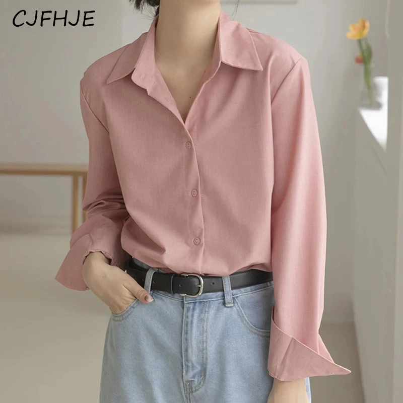 CJFHJE High Quality Office Style Elegant White Blouse Women Pink Shirt Turn-Down Collar Single-Breasted Long Sleeve Shirts S-XL