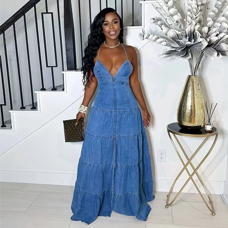 Mulheres sem mangas com decote em v cinta denim vestido longo cintura alta ruched festa de férias noite streetwear em camadas maxi vestidos