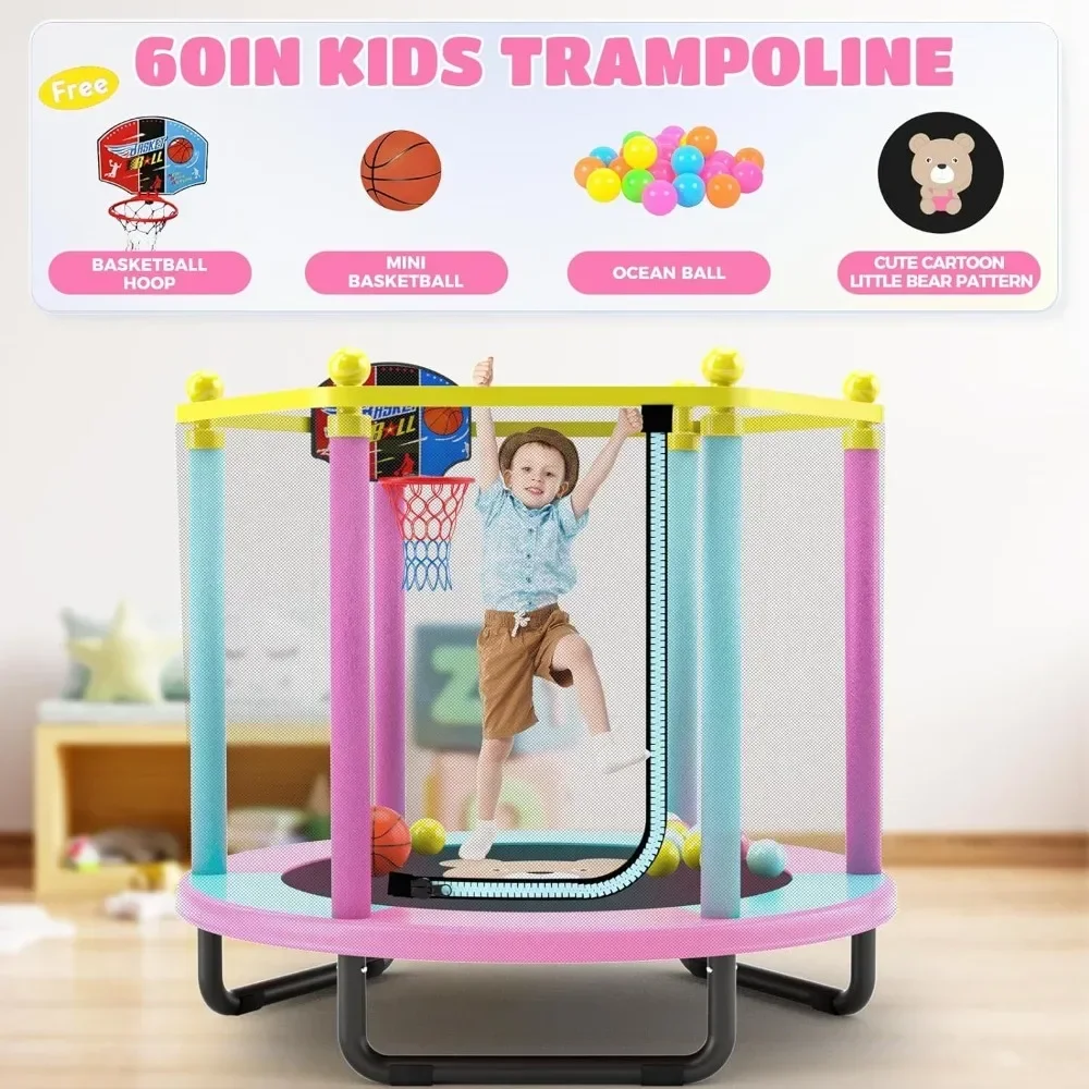 ترامبولين ez مقاس 60 بوصة للأطفال، ترامبولين داخلي وخارجي بطول 5 أقدام مع شبكة حاوية، ترامبولين صغير للأطفال الصغار مع كرة السلة