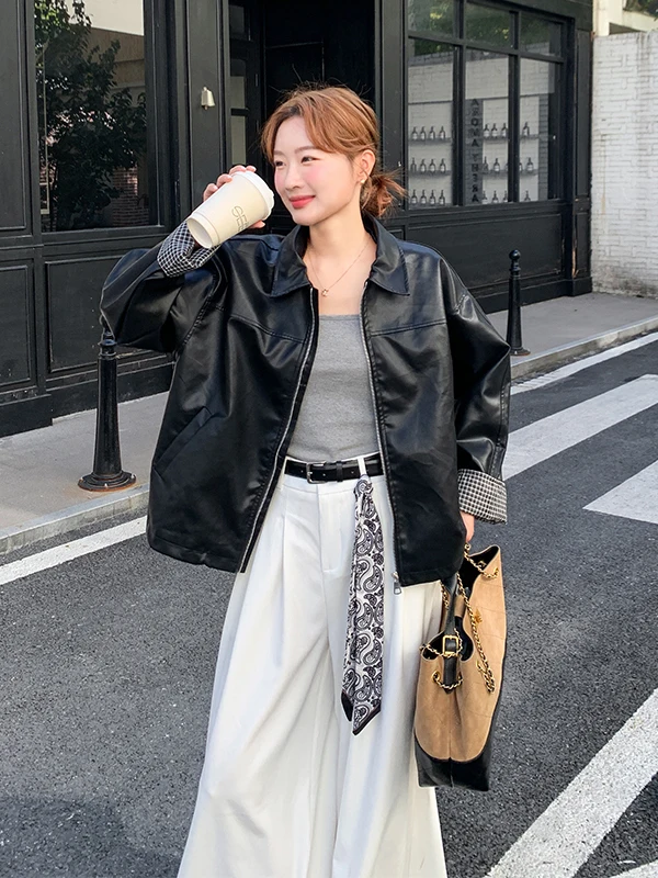 

Bla Plaid Spliced ort PU Leather Jaet Women's Spring Autumn 2025 New Cool Sle Commute Wind Loose Fit Long Sve