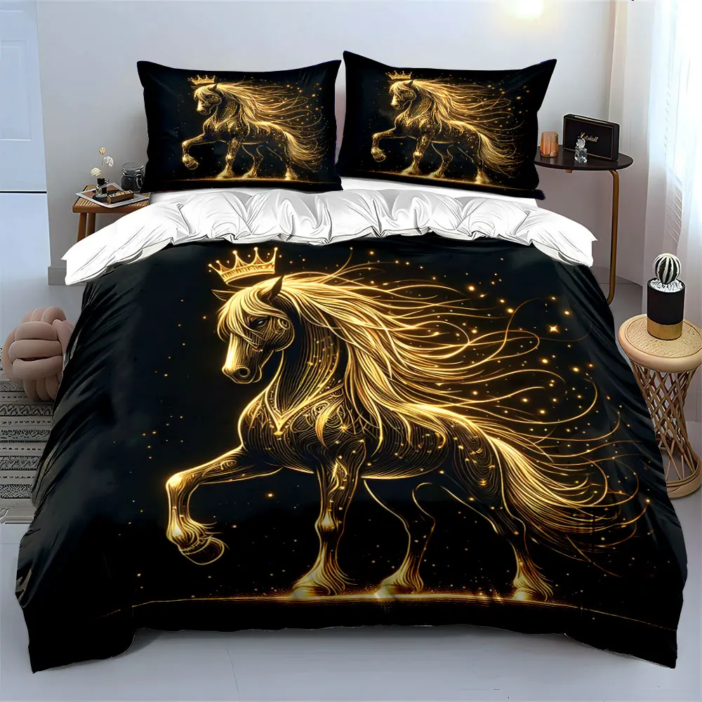 Golden crowned glowing fantasy horse Print Soft Comfortable Duvet Cover Bedding Set Included 1*Duvet Cover  2*Pillowcases