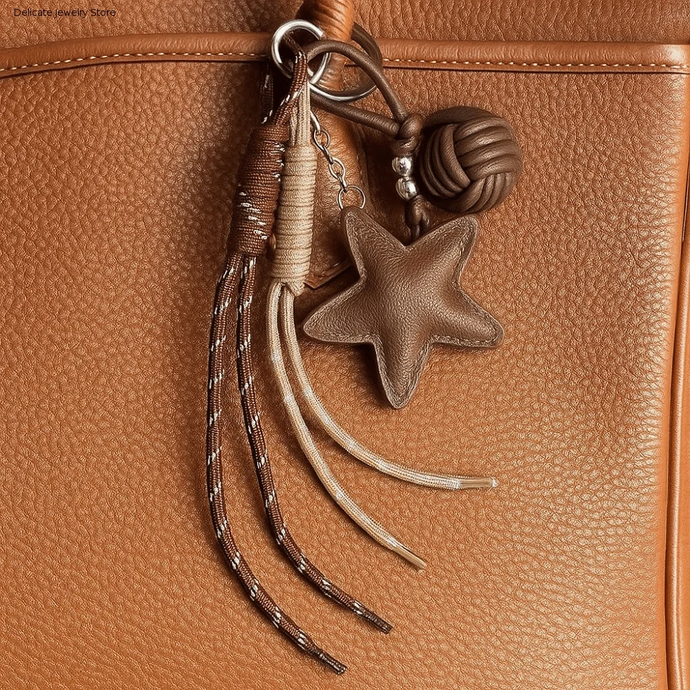 PU Leather Five Pointed Star Bag Pendant Hanging Anti-Lost Leather Star Keychain Trinket Bag Decoration Star and Ball Pendant