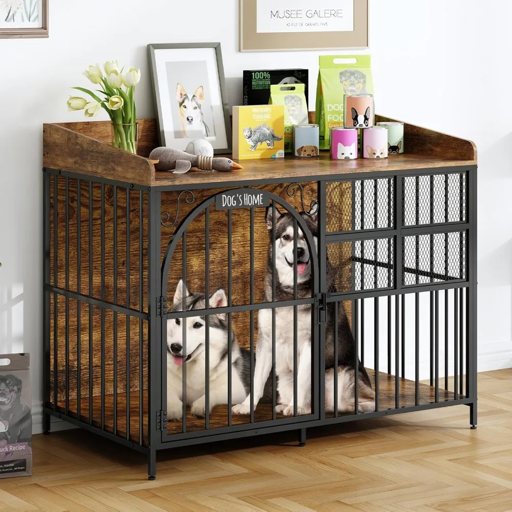 

41.4" Large Dog Crate Furniture with Chew-Resistant, Heavy Duty Dog Kennel Indoor with Storage, End Table Wooden Dog Cage with N