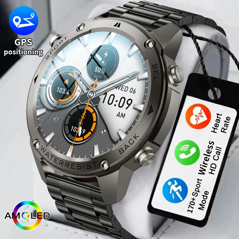

LIGE New GPS Tracker Sports Compass Smart Watch Men 466*466 AMOLED Screen Men’s Watches 50M Waterproof 500mAh Battery Smartwatch