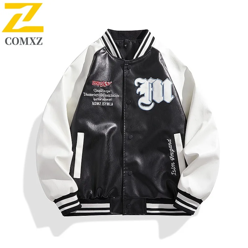

Mens Embroidered Faux Leather Jacket New Autumn Baseball Biker Style Versatile Casual Stand Collar Fashion Trendy Outerwear
