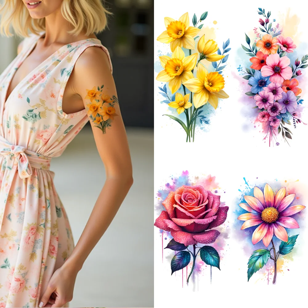 

12 шт., временные татуировки с цветочным узором, временные татуировки, наклейки, природа, татуировки, водонепроницаемые, долговечные, наклейки на тело для спины