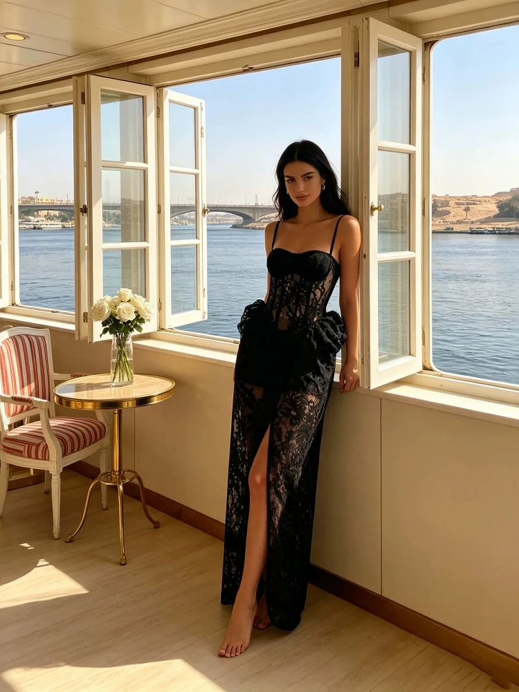 

Lace See-Through Sexy Woman Long Wrap Dress Sleeveless Spaghetti Strap Square Neck Maxi Dress High Side Split Evening Prom Gowns