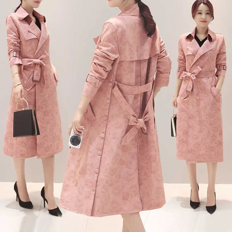 Nice primavera outono camurça trench coat feminino casual com faixas oversize blusão feminino rosa outerwear moda casaco longo p551