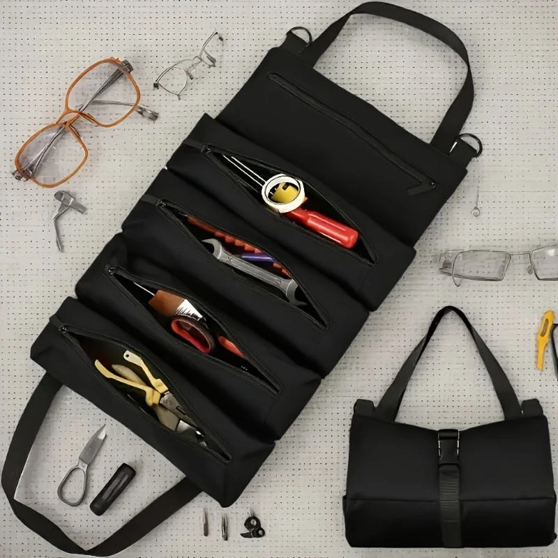 Stain Resistant Oxford Cloth Tool Roll Pouch, 5 Compartments Foldable Heavy Duty Tool Organizer Bag, Multi-Purpose Hand Tool Sto