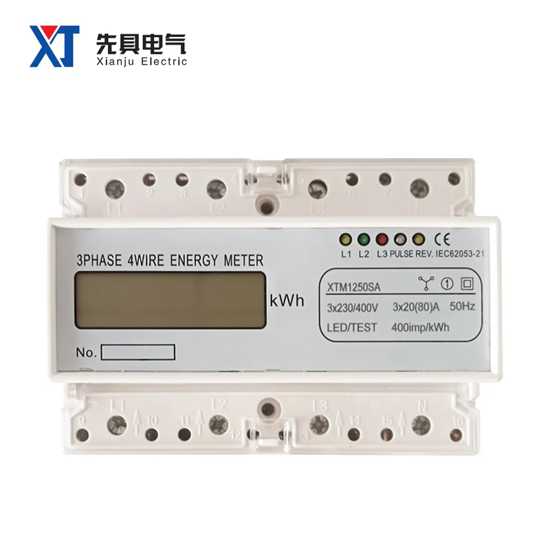 XTM1250SA 7P Three Phase 4 Wires Energy Meter KWH LCD Display 35mm Guide Rail Type 3X220V/380V 3X1.5(6)A 3X5(100)A 50/60Hz