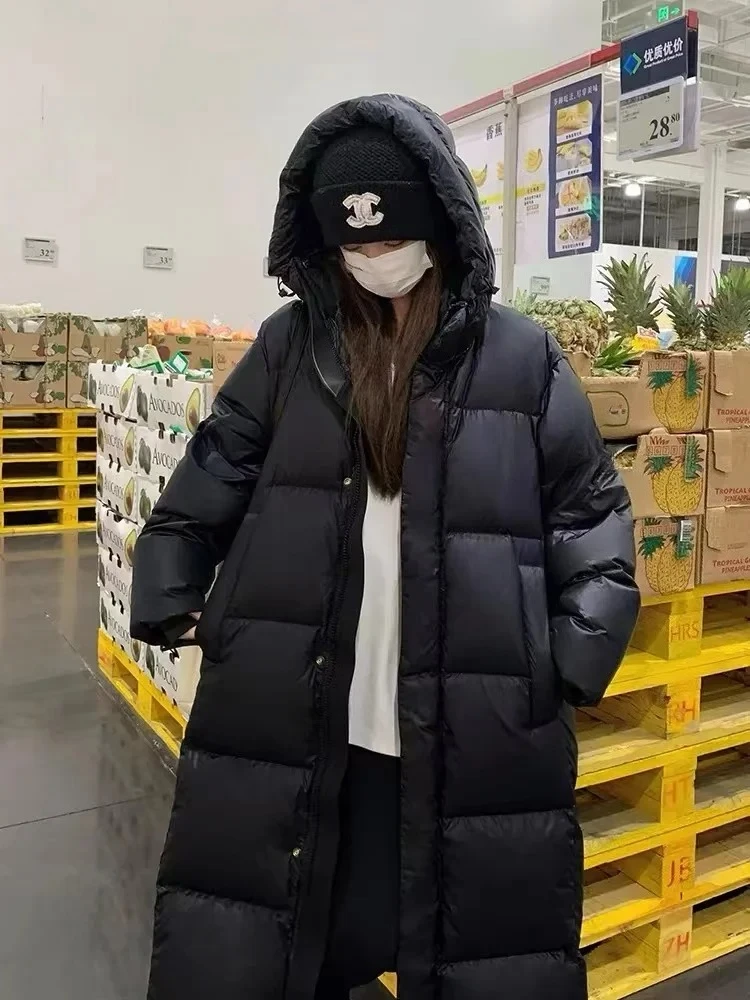 Black Gold Down Cotton Jacket for Women 2025 New Winter Thickened Over Knee