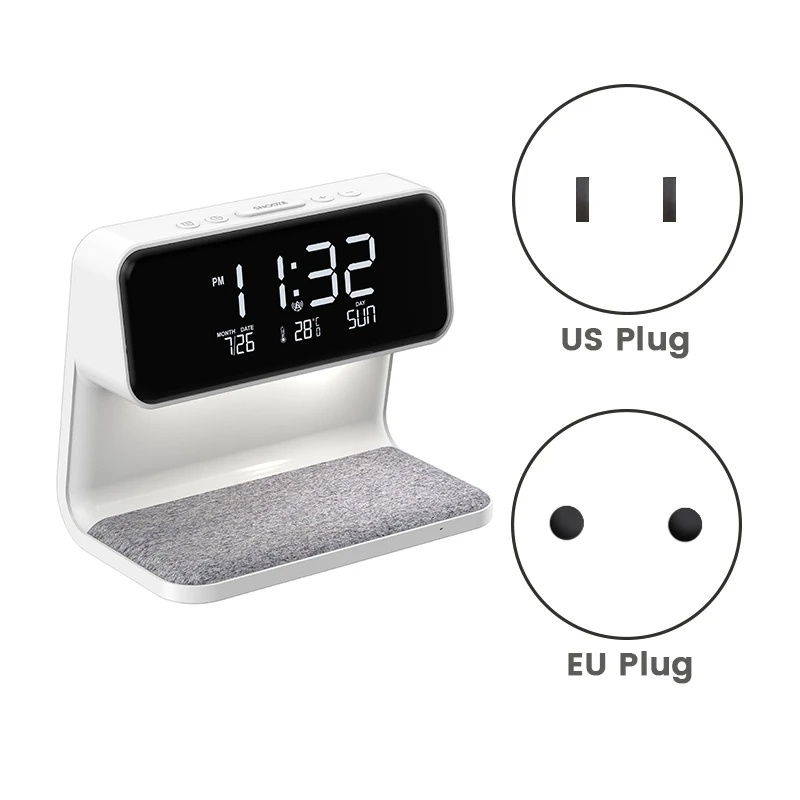 

Calendar Clock Temperature Display Integrated Light Mobile Phone Induction Charging Night Light Durable (US Plug)