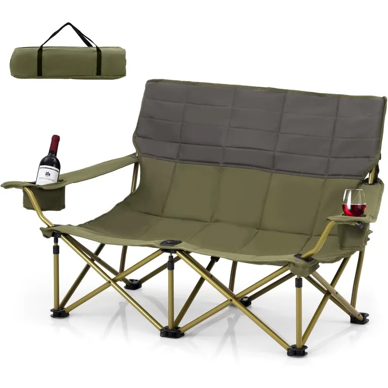 

Double Camping Chair for Adults, Low Outdoor Folding Loveseat Couch Chairs w/Cup Holders Thick Padding