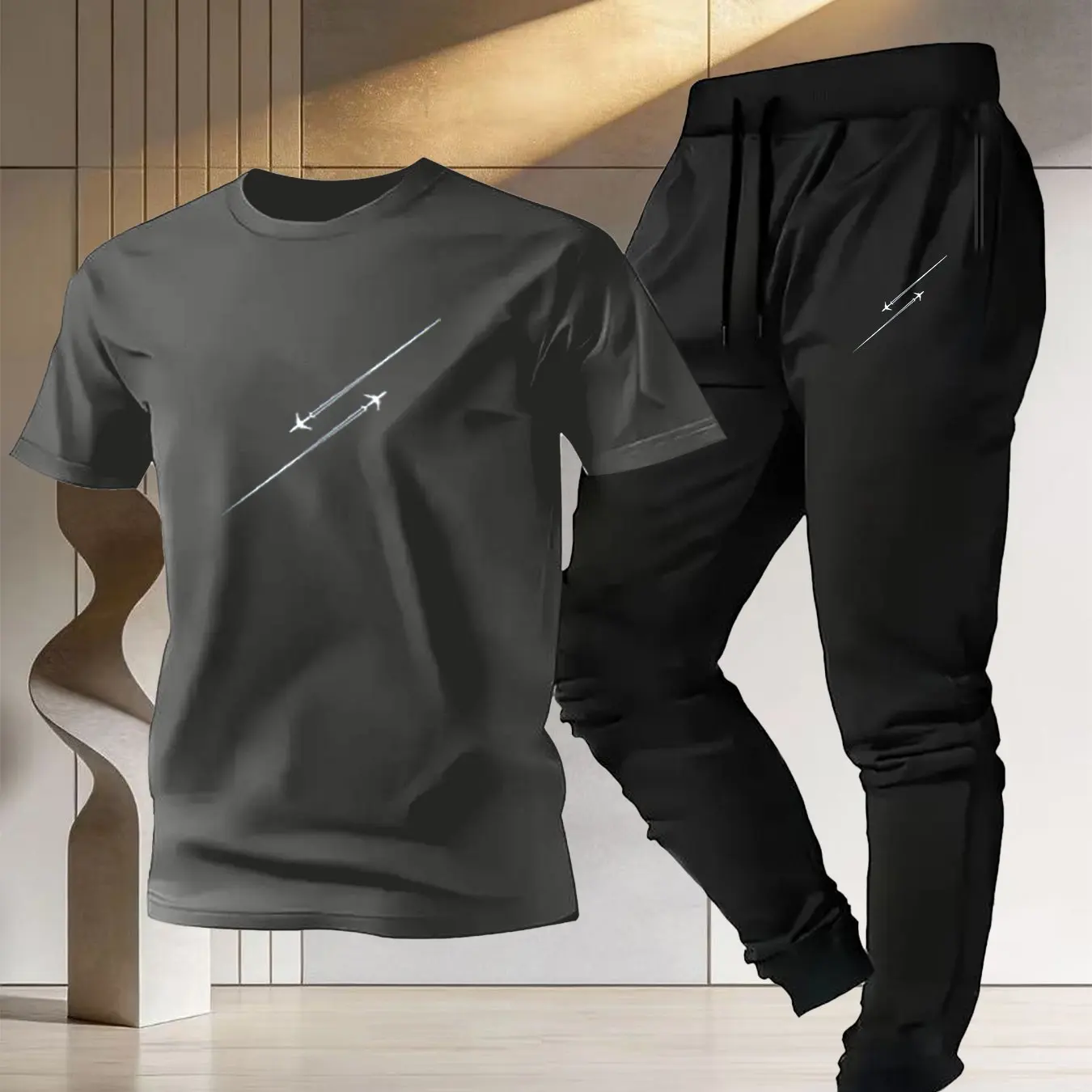 

2026 Summer New Men's Sporty Style Set - Fashion Aircraft Print Pure Cotton Short-Sleeved T-Shirt, Casual Lightweight Pants Set