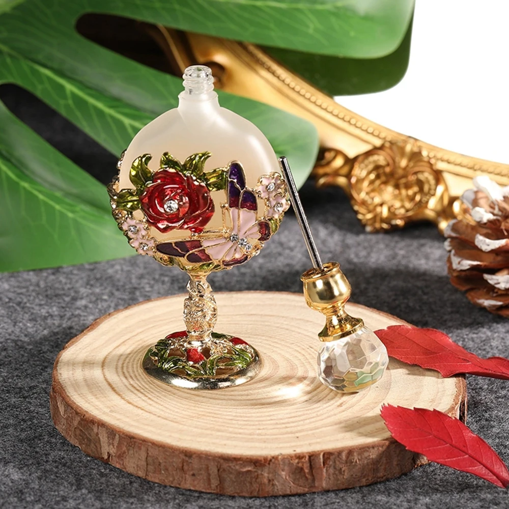 1pc 7ml Empty Vintage Perfume Bottle Golden Slime Container Rose&Butterfly Embossed Decor Crystal Cap Refillable Beauty Gift
