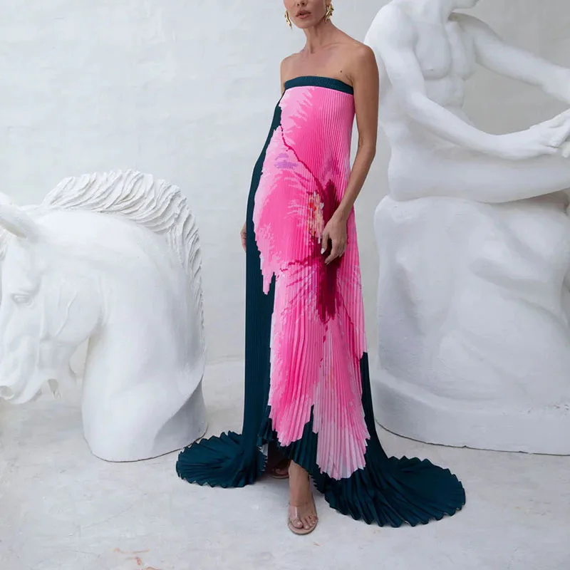 Summer Sexy Strapless Slim Banquet Evening Dresses Woman Elegant Flower Print Party Dress Spring Backless Hollow Boho Long Dress