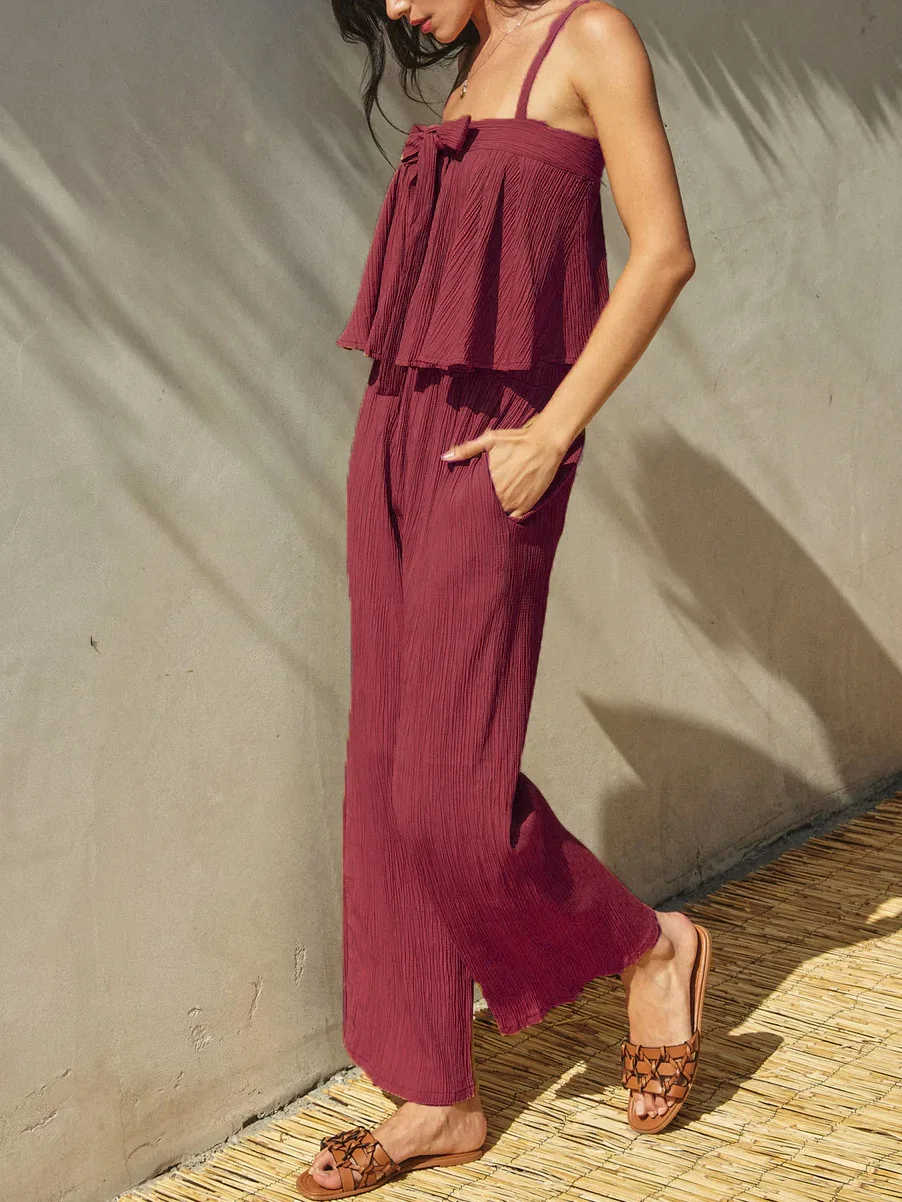 夏の女性のカジュアルスーツ無地蝶キャミソールベスト長ズボン 2 点セットシンプルでファッショナブルな夏の服装