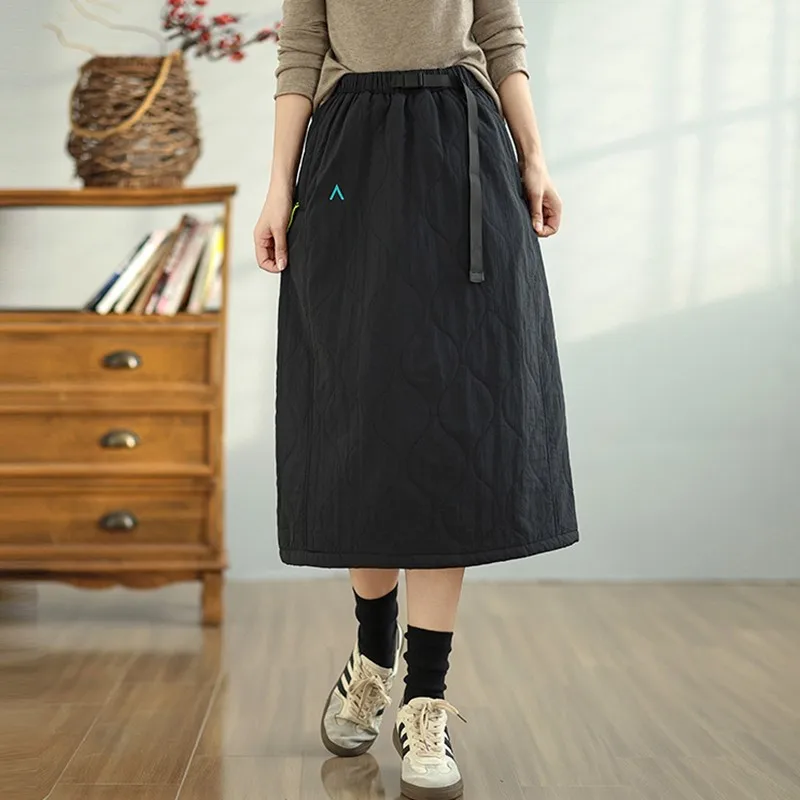 High Waist Quilted Casual Skirt Women New Arrival 2024 Autumn Simple Style Solid Color Basics Female A-line Long Skirts B2035